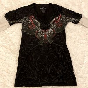 SINFUL LONG SLEEVES V NECK T-SHIRT WINGS & GUNS DESIGN BLACK SZ M